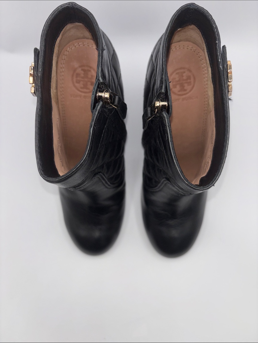 Tory Burch Black Quilted Leather Wedge Booties with Gold Logo - Picture 5 of 12